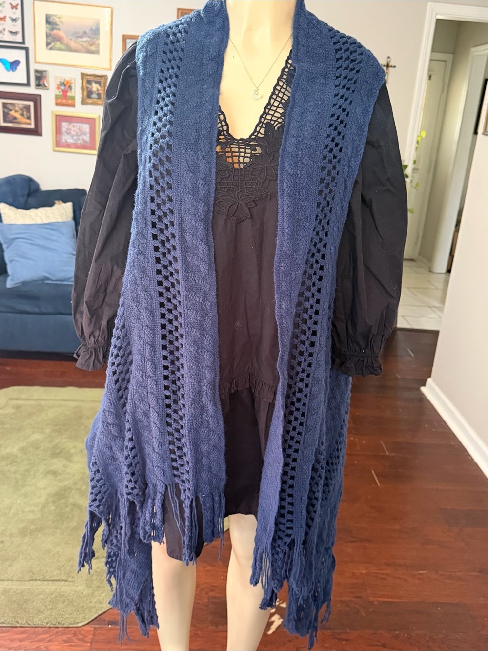 Open-Front Navy Crochet Fringe Vest - Women